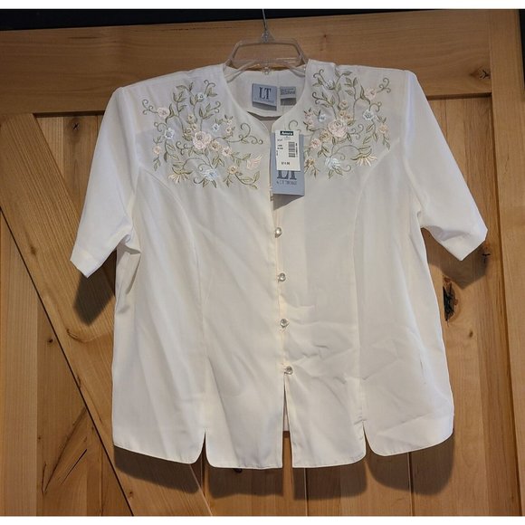 NEW! Vtg Liz Thomas Embroidered Beaded Button Blouse Size Large Short Sleeve - Picture 2 of 12
